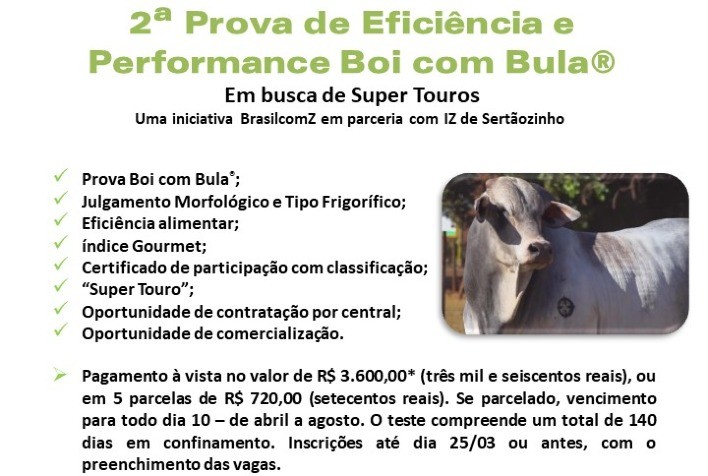 Últimos dias para a inscrição de animais na 2ª Prova de Eficiência e Performance Boi com Bula