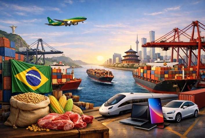 Comércio entre Brasil e China cresce no início de 2026 com alta nas exportações e mudança nas importações