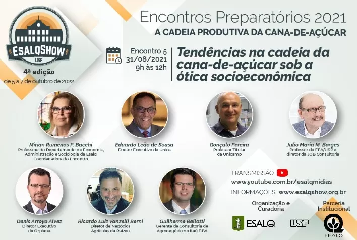 Tendências na cadeia da cana-de-açúcar sob a ótica socioeconômica é o tema do 5º Encontro Preparatório do Esalqshow