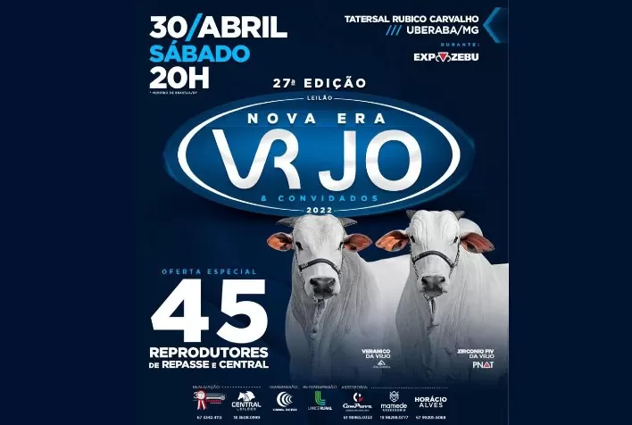 Leilão Nova Era VR JO e Convidados terá oferta de 45 reprodutores, em Uberaba (MG)
