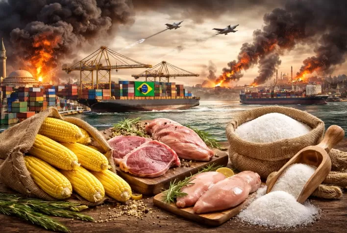 Conflito no Oriente Médio aumenta riscos para exportações de milho, carnes e açúcar do Brasil