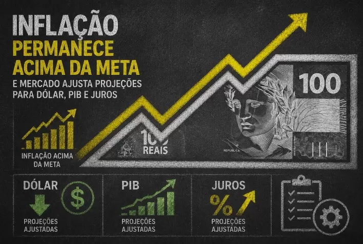Inflação permanece acima da meta e mercado ajusta projeções para dólar, PIB e juros