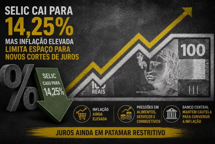 Selic cai para 14,25%, mas inflação elevada limita espaço para novos cortes de juros
