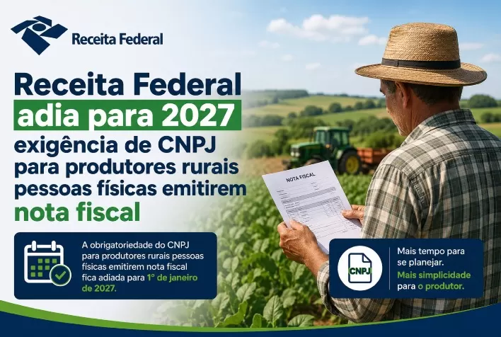 Receita Federal adia para 2027 exigência de CNPJ para produtores rurais pessoas físicas emitirem nota fiscal