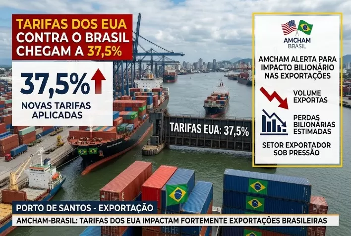 Tarifas dos EUA contra o Brasil chegam a 37,5% e Amcham alerta para impacto bilionário nas exportações
