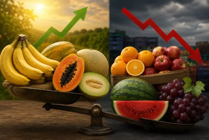 Frutas: preços reagem com oferta restrita em banana, mamão e melão, enquanto citros, maçã, melancia e uva enfrentam demanda fraca