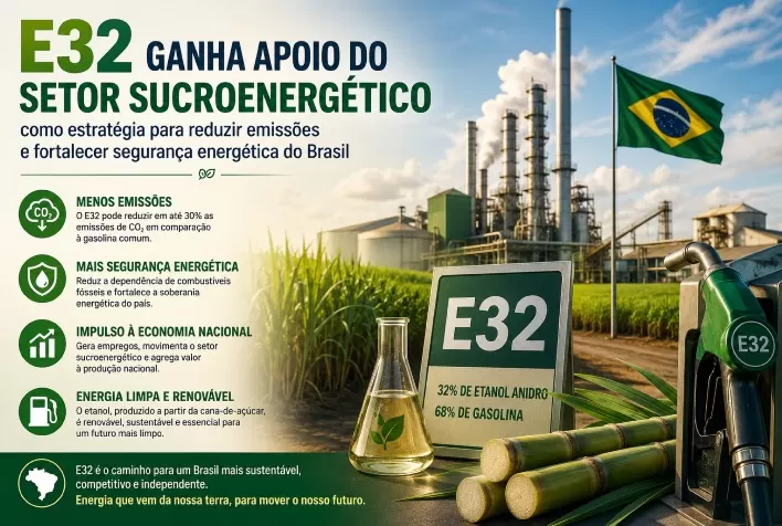 E32 ganha apoio do setor sucroenergético como estratégia para reduzir emissões e fortalecer segurança energética do Brasil