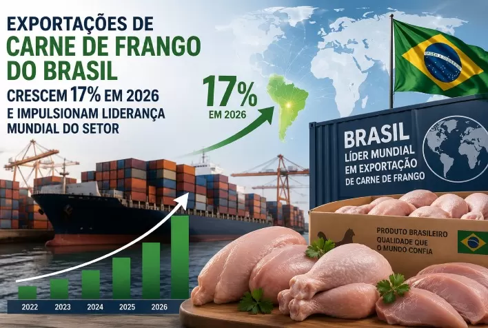 Exportações de carne de frango do Brasil crescem 17% em 2026 e impulsionam liderança mundial do setor