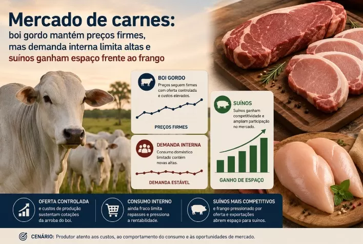 Mercado de carnes: boi gordo mantém preços firmes, mas demanda interna limita altas e suínos ganham espaço frente ao frango