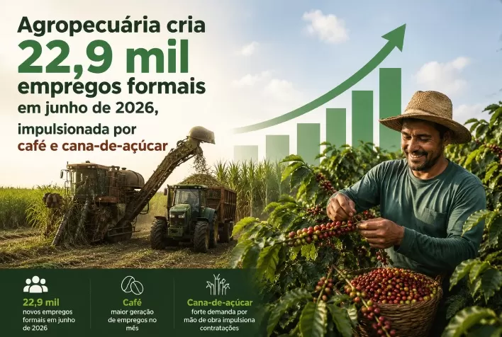 Agropecuária cria 22,9 mil empregos formais em junho de 2026, impulsionada por café e cana-de-açúcar