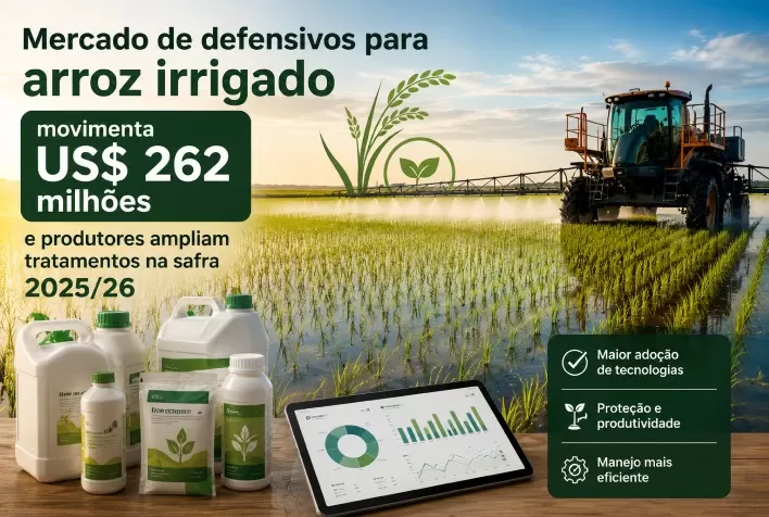 Mercado de defensivos para arroz irrigado movimenta US$ 262 milhões e produtores ampliam tratamentos na safra 2025/26