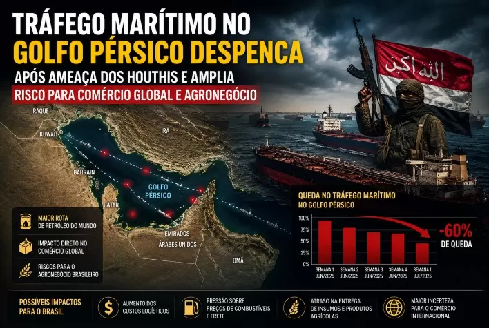 Tráfego marítimo no Golfo Pérsico despenca após ameaça dos houthis e amplia risco para comércio global e agronegócio