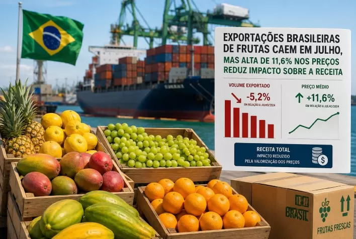 Exportações brasileiras de frutas caem em julho, mas alta de 11,6% nos preços reduz impacto sobre a receita