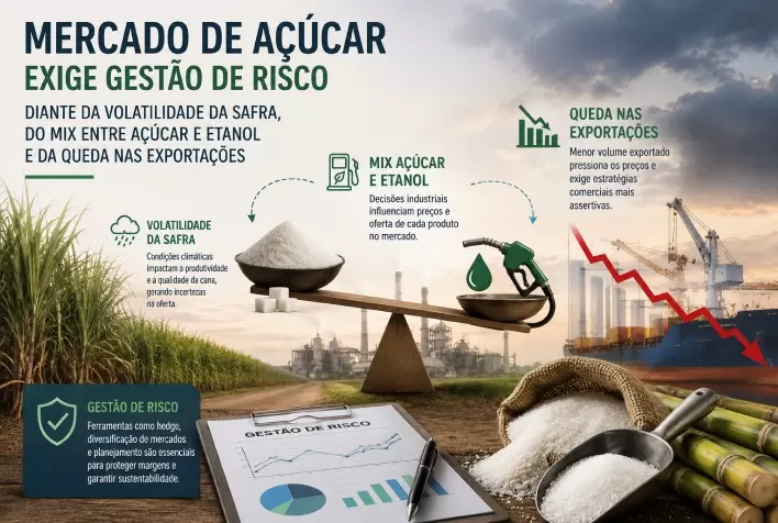 Mercado de açúcar exige gestão de risco diante da volatilidade da safra, do mix entre açúcar e etanol e da queda nas exportações