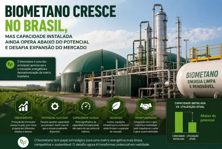 Biometano cresce no Brasil, mas capacidade instalada ainda opera abaixo do potencial e desafia expansão do mercado