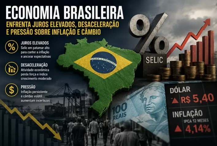 Economia brasileira enfrenta juros elevados, desaceleração e pressão sobre inflação e câmbio