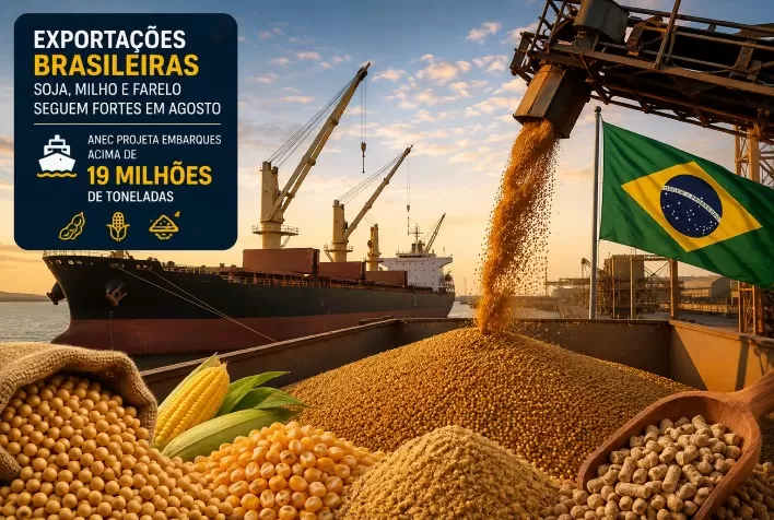 Exportações brasileiras de soja, milho e farelo seguem fortes em agosto; ANEC projeta embarques acima de 19 milhões de toneladas
