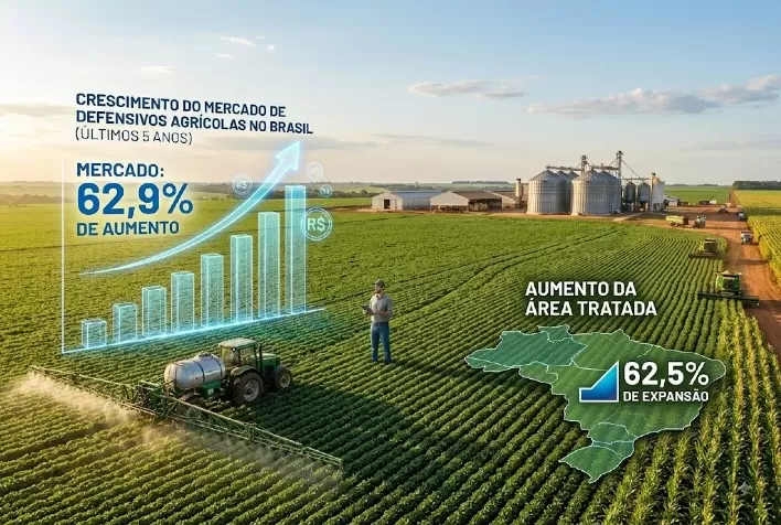 Mercado de defensivos agrícolas cresce 62,9% no Brasil em cinco anos e área tratada avança 62,5%