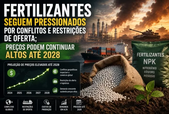 Fertilizantes seguem pressionados por conflitos e restrições de oferta; preços podem continuar altos até 2028
