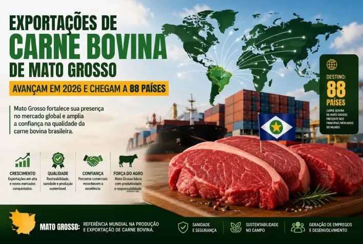 Exportações de carne bovina de Mato Grosso avançam em 2026 e chegam a 88 países