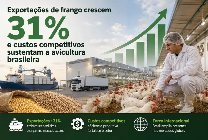 Exportações de frango crescem 31% e custos competitivos sustentam avicultura brasileira