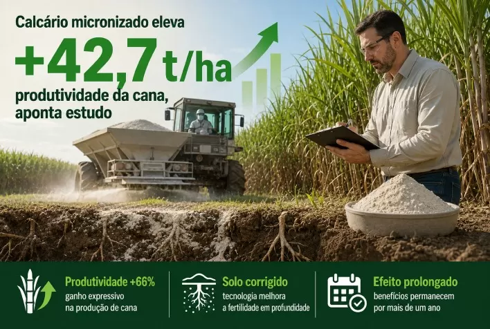 Calcário micronizado eleva produtividade da cana em 42,7 toneladas por hectare, aponta estudo
