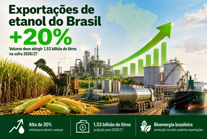 Exportações de etanol do Brasil devem crescer 20% e atingir 1,53 bilhão de litros em 2026/27