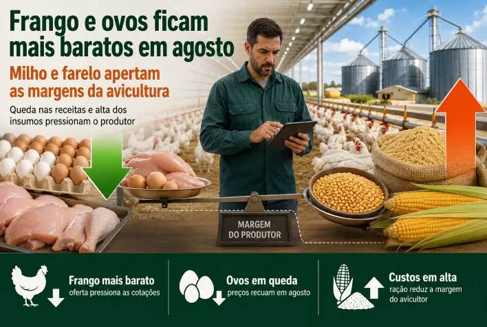 Frango e ovos ficam mais baratos em agosto, enquanto alta do milho e do farelo aperta margens da avicultura