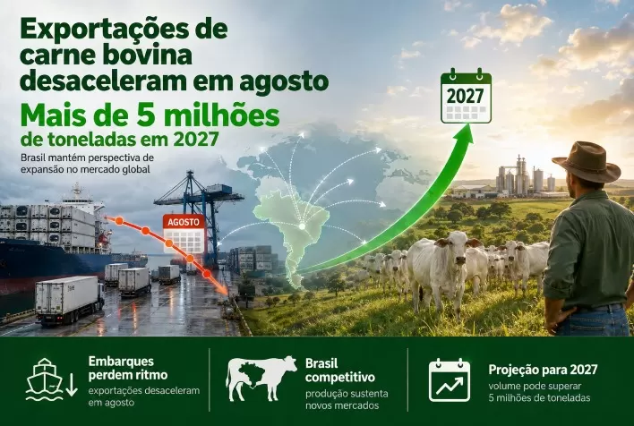 Exportações de carne bovina desaceleram em agosto, mas Brasil pode superar 5 milhões de toneladas em 2027