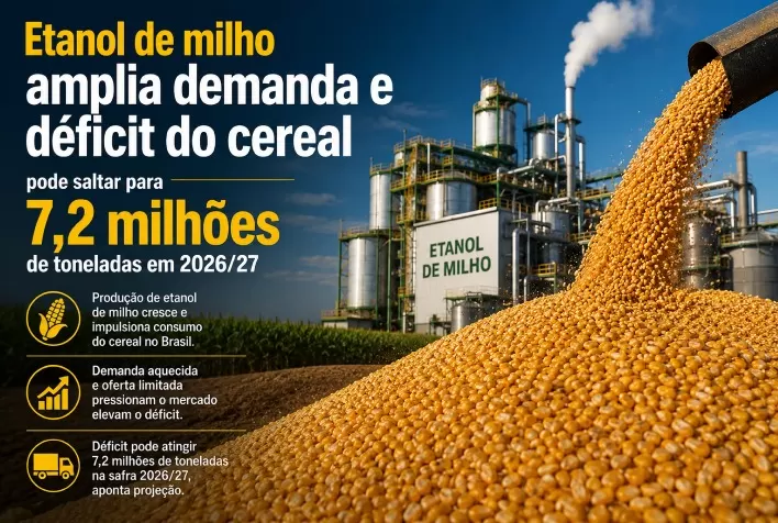 Etanol de milho amplia demanda e déficit do cereal pode saltar para 7,2 milhões de toneladas em 2026/27