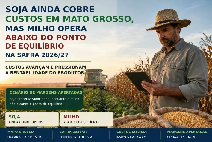 Soja ainda cobre custos em Mato Grosso, mas milho opera abaixo do ponto de equilíbrio na safra 2026/27