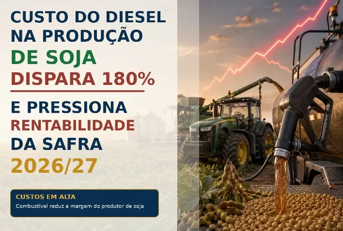 Custo do diesel na produção de soja dispara 180% e pressiona rentabilidade da safra 2026/27