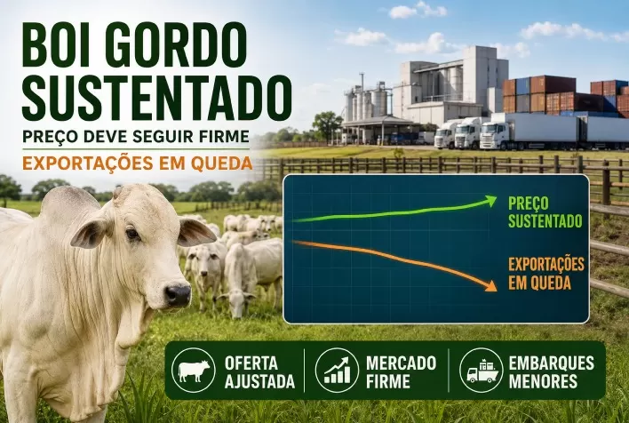 Preço do boi gordo deve seguir sustentado apesar da queda nas exportações de carne bovina