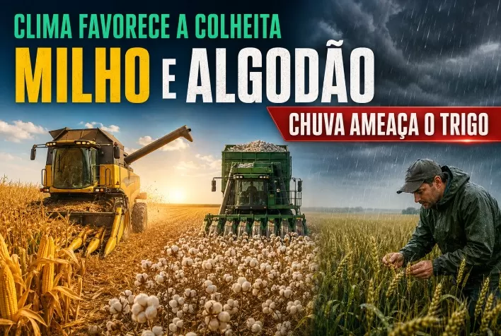 Clima favorece colheita de milho e algodão, mas excesso de chuva eleva risco para o trigo
