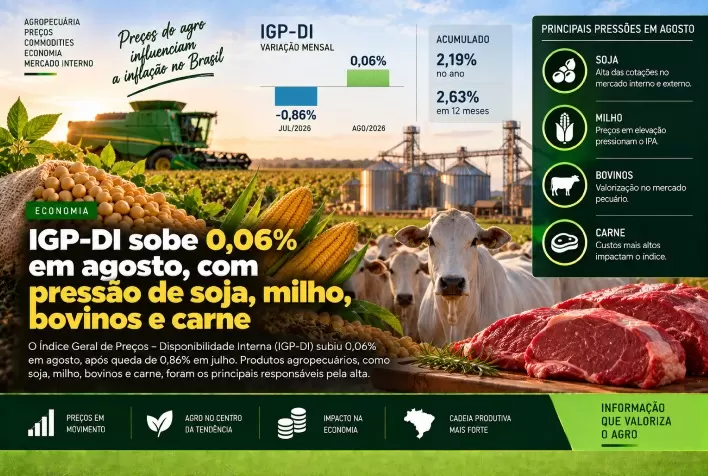 IGP-DI sobe 0,06% em agosto, com pressão de soja, milho, bovinos e carne