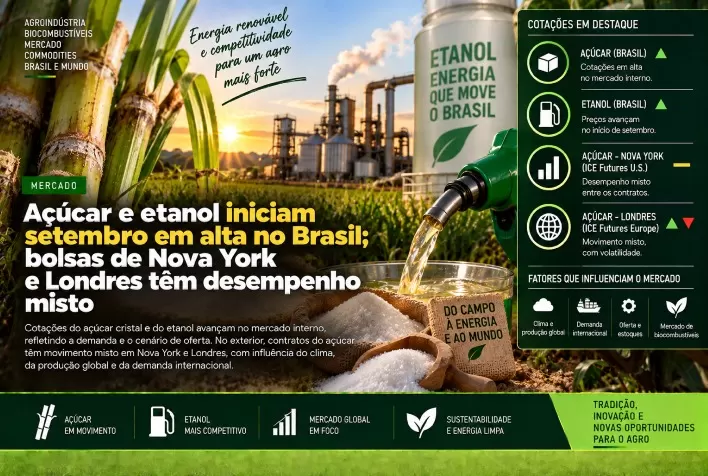 Açúcar e etanol iniciam setembro em alta no Brasil; bolsas de Nova York e Londres têm desempenho misto
