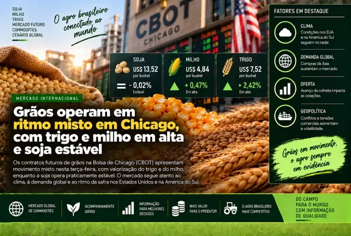 Grãos operam em ritmo misto em Chicago, com trigo e milho em alta e soja estável