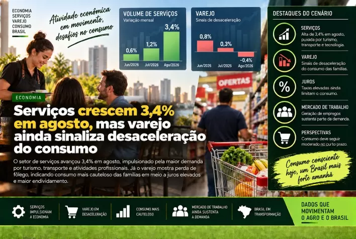 Serviços crescem 3,4% em agosto, mas varejo ainda sinaliza desaceleração do consumo