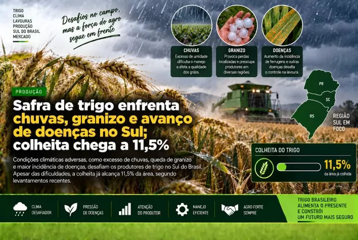 Safra de trigo enfrenta chuvas, granizo e avanço de doenças no Sul; colheita chega a 11,5%