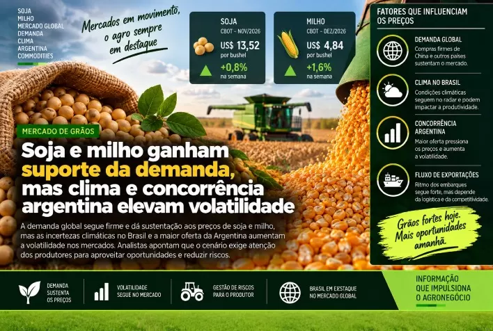 Soja e milho ganham suporte da demanda, mas clima e concorrência argentina elevam volatilidade