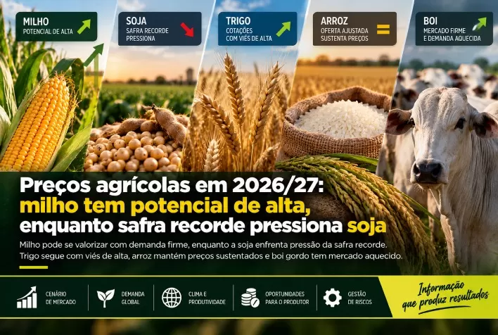 Preços agrícolas em 2026/27: milho tem potencial de alta, enquanto safra recorde pressiona soja