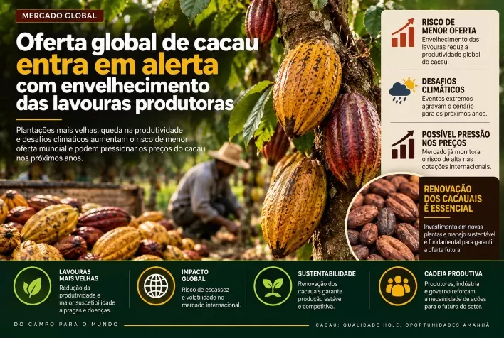 Oferta global de cacau entra em alerta com envelhecimento das lavouras produtoras