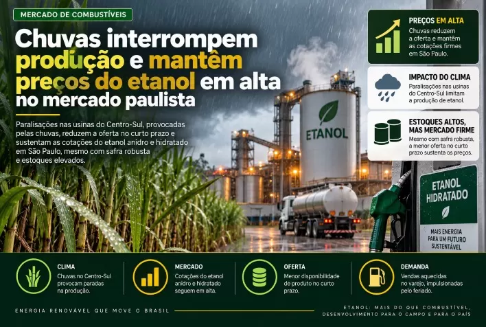 Chuvas interrompem produção e mantêm preços do etanol em alta no mercado paulista