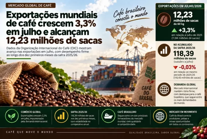 Exportações mundiais de café crescem 3,3% em julho e alcançam 12,23 milhões de sacas