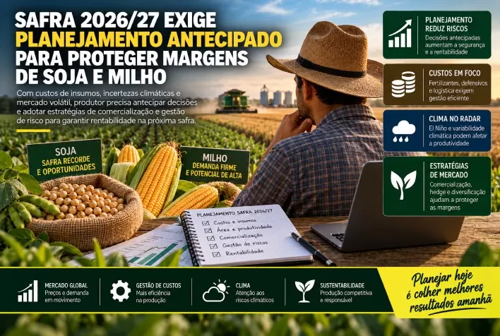 Safra 2026/27 exige planejamento antecipado para proteger margens de soja e milho