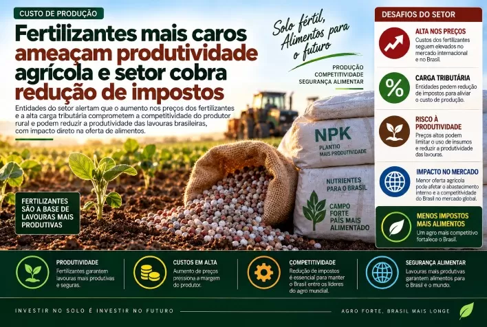 Fertilizantes mais caros ameaçam produtividade agrícola e setor cobra redução de impostos