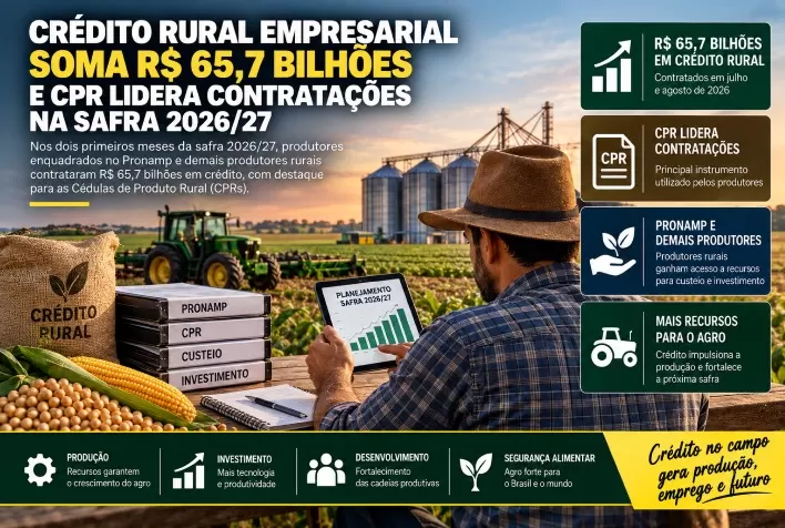 Crédito rural empresarial soma R$ 65,7 bilhões e CPR lidera contratações na safra 2026/27