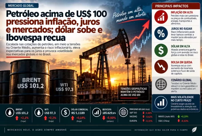 Petróleo acima de US$ 100 pressiona inflação, juros e mercados; dólar sobe e Ibovespa recua