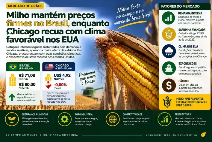Milho mantém preços firmes no Brasil, enquanto Chicago recua com clima favorável nos EUA