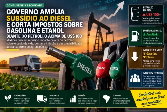 Governo amplia subsídio ao diesel e corta impostos sobre gasolina e etanol diante do petróleo acima de US$ 100